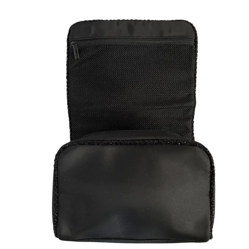 Chanel Parfums Black Satin Faux Tweed Travel Toiletry Bag Makeup Pouch